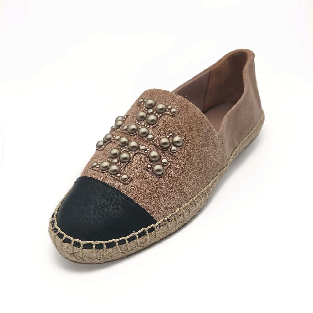 Tory Burch Pearl Logo Flat Espadrilles Pink Suede Black Leather Cap Toe size 6